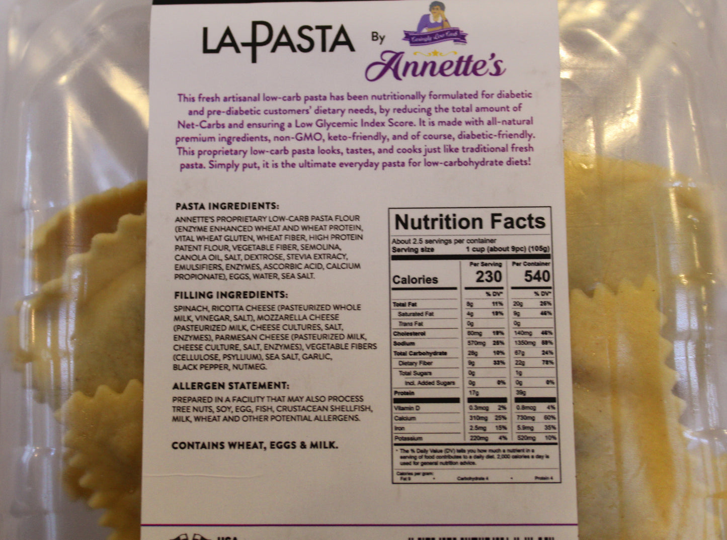 Low-Carb & High-Protein Fresh Spinach & Ricotta Cheese Ravioli - 2 Pack - Each pack is 9oz